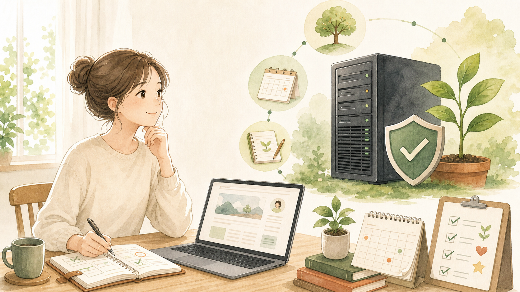 長期のブログ運営計画と安定したサーバーを確認しながら選ぶ人のイラスト
