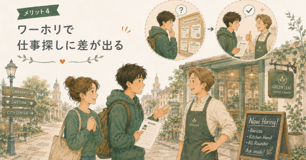 ワーホリ先のカフェで履歴書を持った学生が英語で仕事の相談をしているイラスト