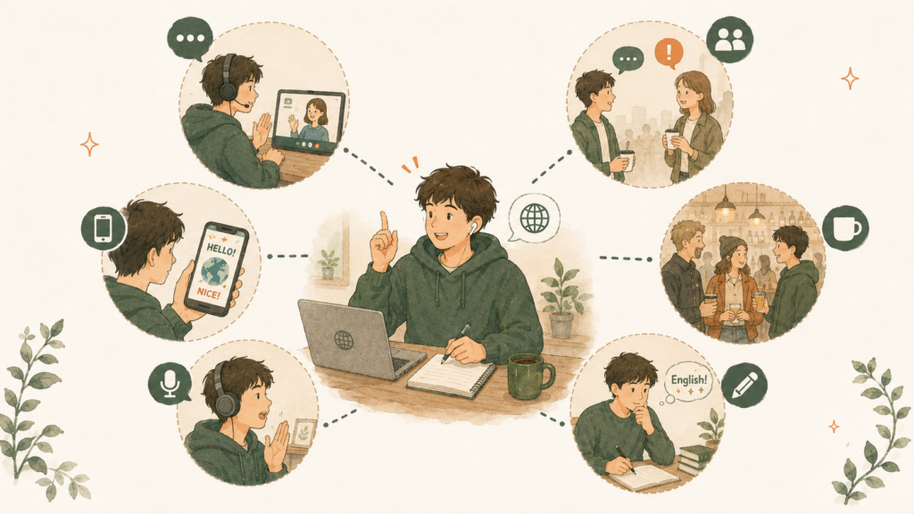 ワーホリ前に英語を話す機会を作る方法をまとめたイラスト。オンライン英会話、英語アプリ、英会話イベント、カフェでの交流、独り言練習などの方法をわかりやすく紹介している。