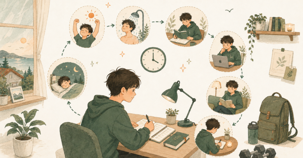 朝の準備から勉強、読書、振り返り、睡眠まで、1日の勉強ルーティンをわかりやすく表したイラスト