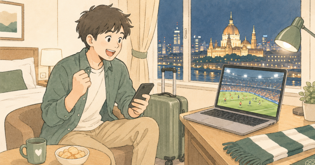 海外のホテルでVPNを使いサッカー観戦を楽しみにしている旅行者のイラスト