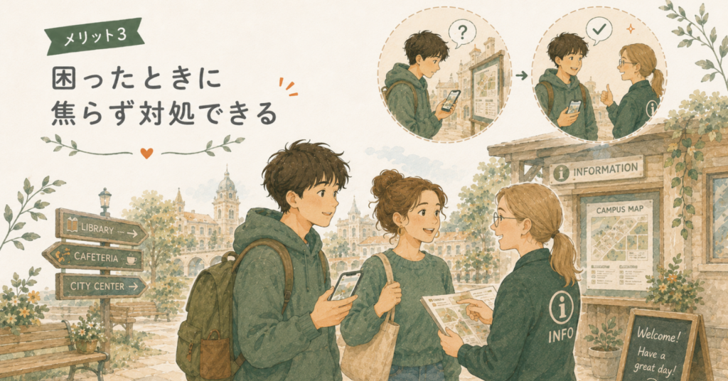 海外のキャンパスで道に迷った学生が英語でスタッフに相談し、落ち着いて問題を解決するイラスト