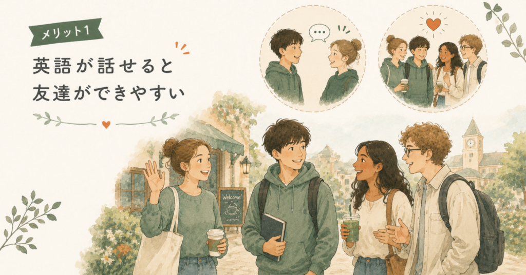 留学先のキャンパスで英語を使いながら友達と自然に交流する学生たちのイラスト