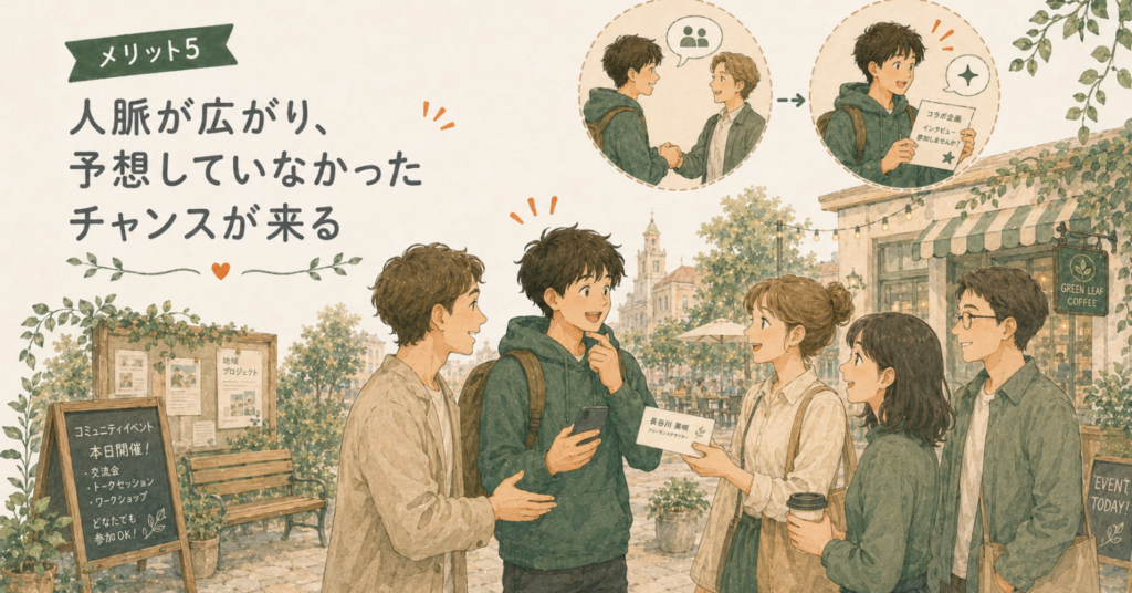 海外のコミュニティイベントで英語を通じて人脈が広がり、新しいチャンスを受け取る学生のイラスト