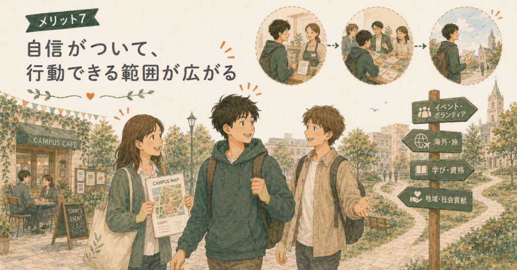 英語に自信がついた学生がキャンパスで新しい活動や旅、学びに踏み出す様子のイラスト