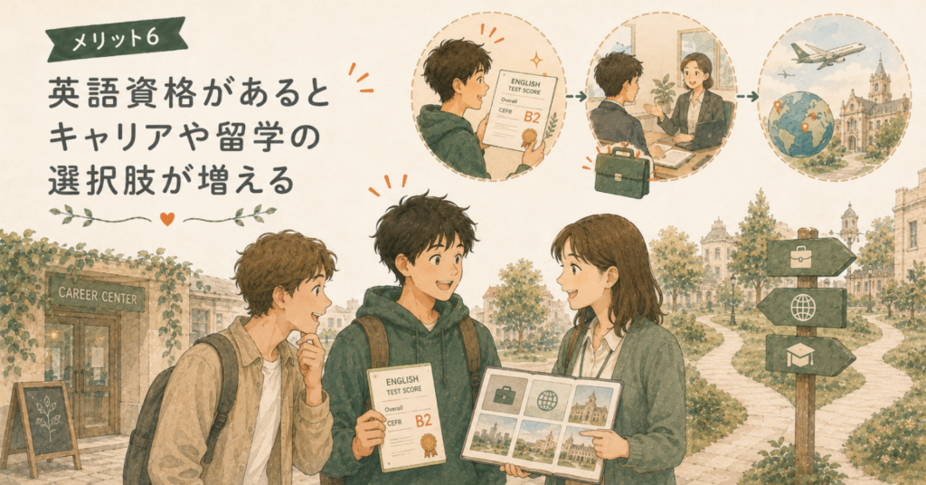 英語資格のスコアを持つ学生がキャリアや留学の選択肢について相談しているイラスト