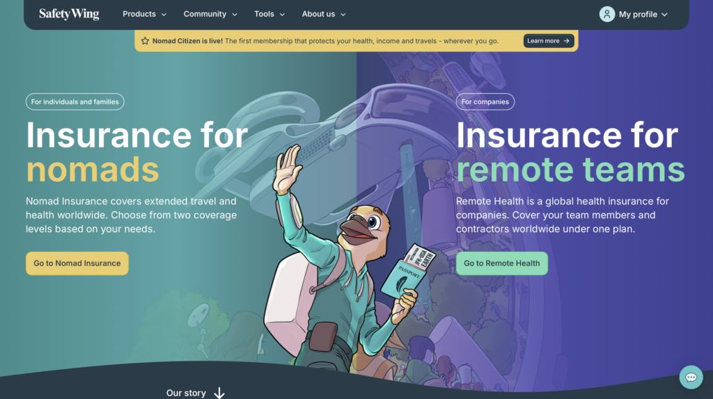 SafetyWing公式サイトから個人向けのNomad Insuranceを選択する画面