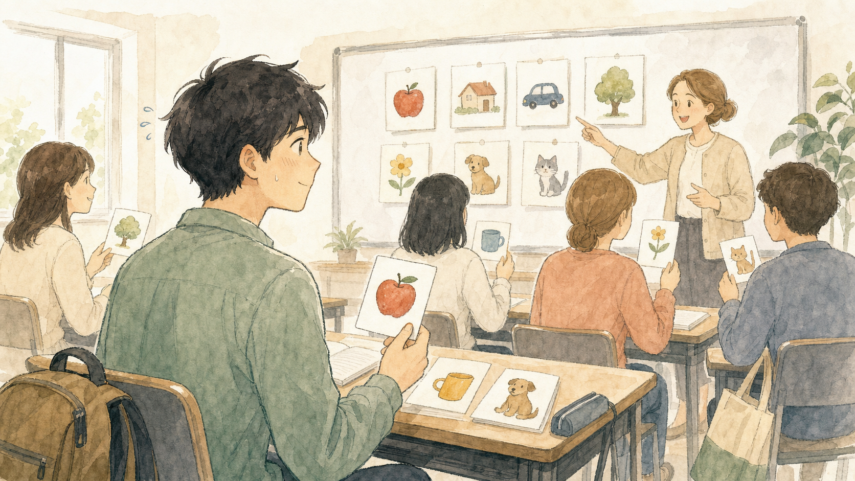 語学学校の初級クラスで、男子留学生が絵カードを使った英語の基礎授業を受けているイラスト