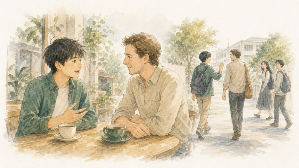 授業前のカフェで先生へ話しかけ、学校へ向かう時間にも英語で会話を重ねている留学生のイラスト