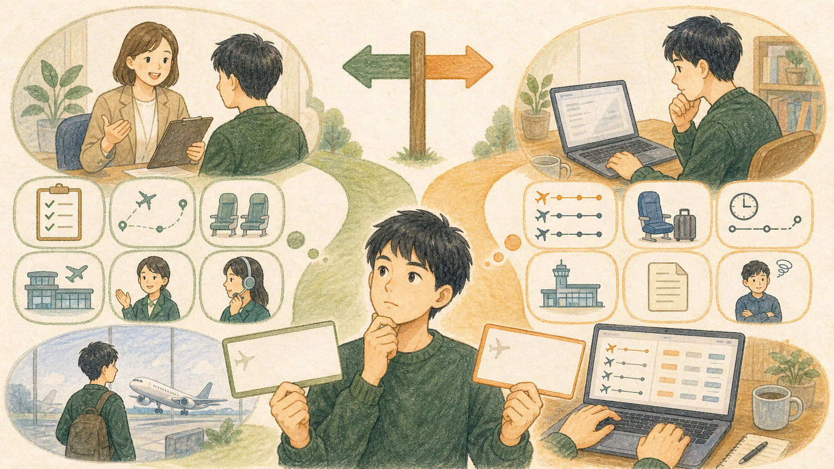 大学生が担当者による航空券手配の案内や変更時の支援と、自分で予約する場合の経路、荷物、乗り継ぎ、到着空港、取消条件を比較しているイラスト