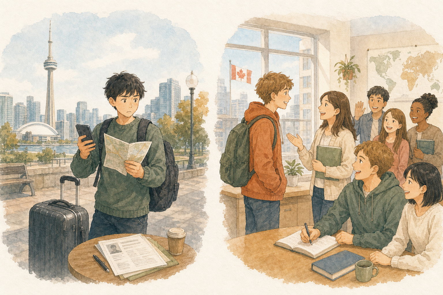 エージェントなしで家と仕事を探す日本人男性と、語学学校で仲間やスタッフに迎えられる友達を比較したイラスト