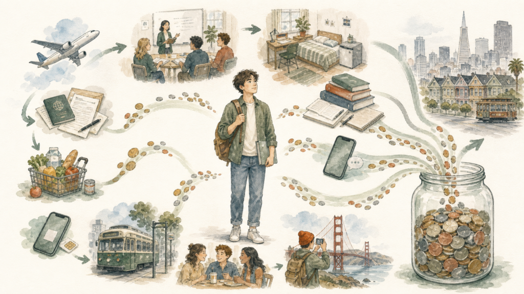 語学学校、学生寮、教材、航空券、ビザ、食費、通信費、交際費、旅行費が1年間で積み上がる様子を示すイラスト