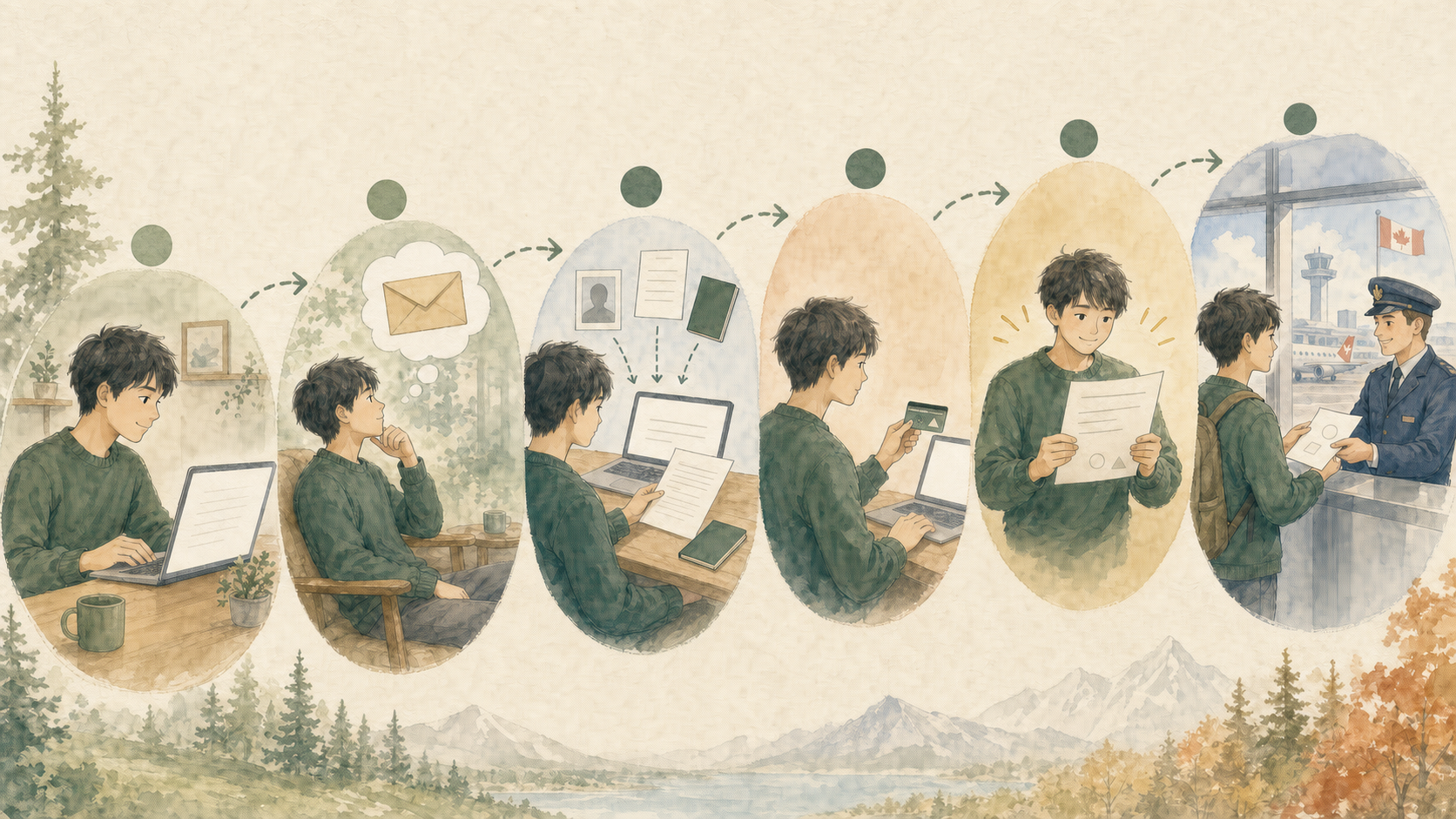 若い男性がオンラインプロフィール作成、招待、書類提出、費用支払い、承認書の受領、空港での許可書受け取りを順番に進めるイラスト
