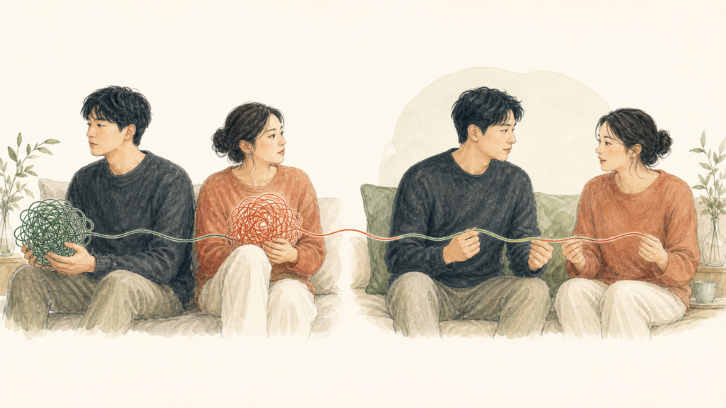 すれ違って離れて座る二人が、互いの気持ちを聞きながら絡まった糸をほどいていくイラスト