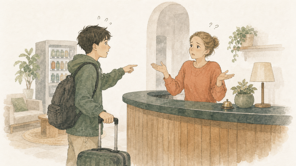 留学先の受付で自動販売機の場所を英語で尋ねたものの、うまく伝わらず戸惑っている男性のイラスト