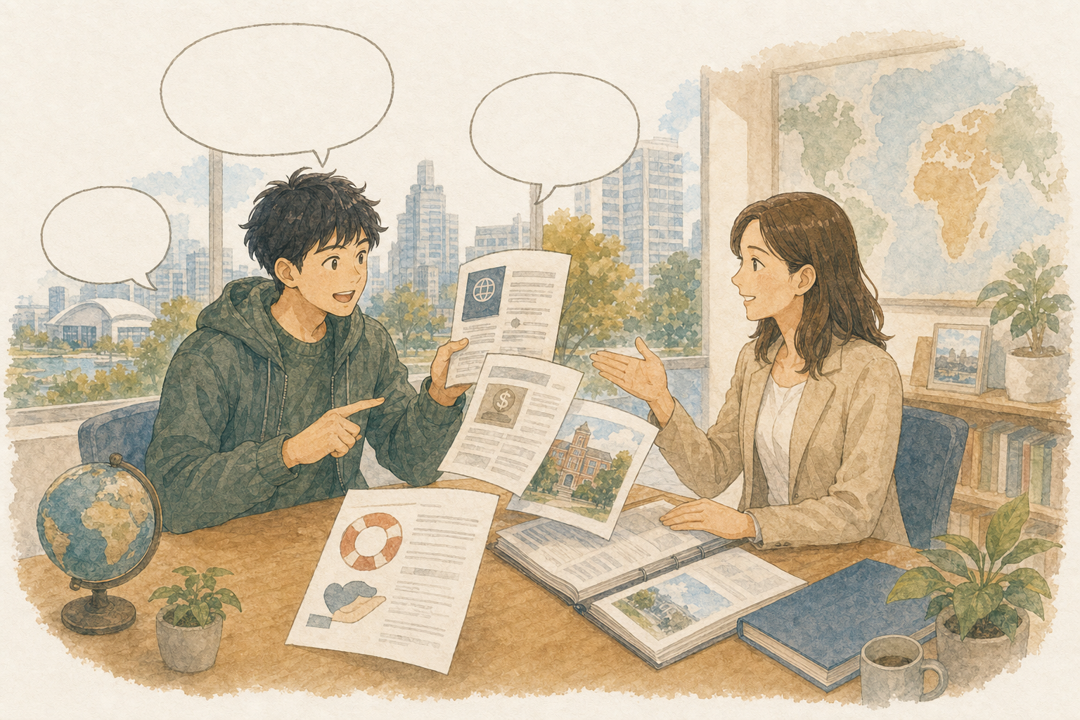 日本人男性が留学カウンセラーへビザ、費用、学校、現地サポートについて積極的に質問しているイラスト