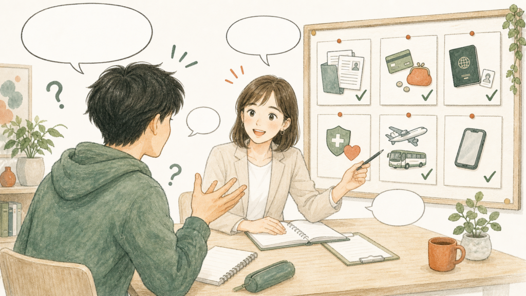 ビザや費用、保険、移動、スマホなどの疑問を、留学エージェントへ遠慮なく質問する男性のイラスト
