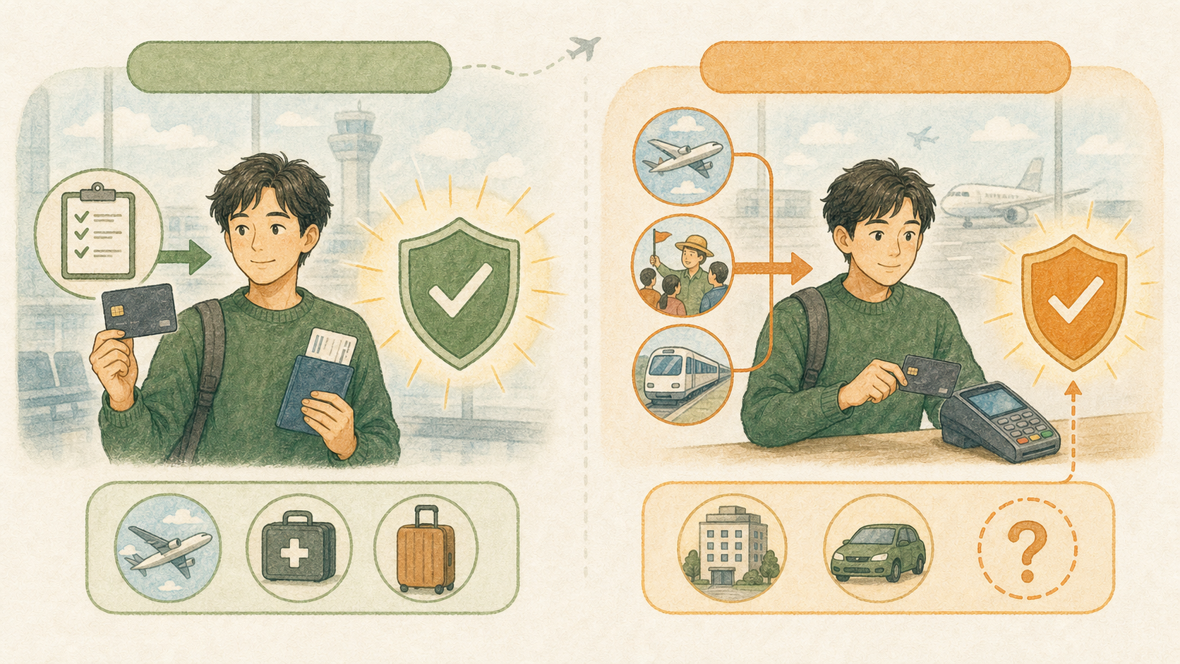 カードを保有して所定条件を満たす自動付帯と、航空券や対象交通費などの支払いが必要な利用付帯を比較したイラスト