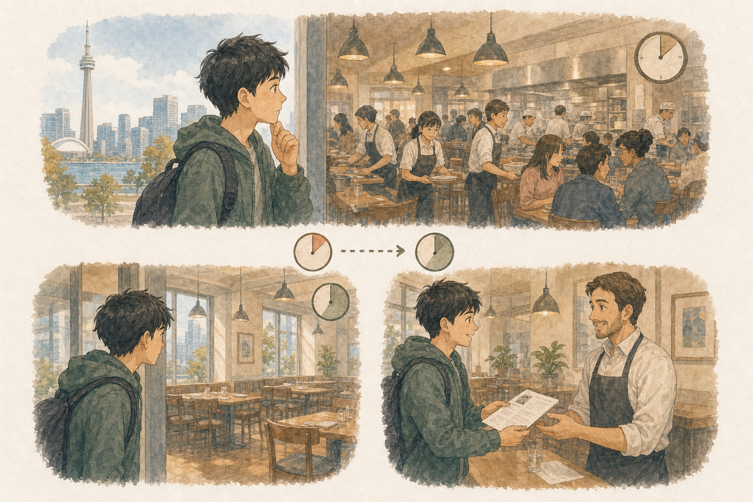 日本人男性が混雑したランチタイムを避け、店内が落ち着いた時間にレストランのマネージャーへレジュメを渡すイラスト