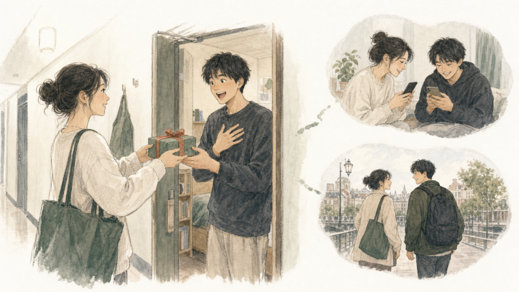 学生寮の部屋を訪れた女性から誕生日プレゼントを受け取り、うれしそうに驚く男性のイラスト