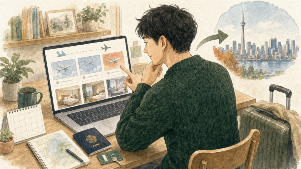 若い男性が自宅のパソコンでカナダ行きの片道航空券と到着後の短期滞在先を比較して予約しているイラスト