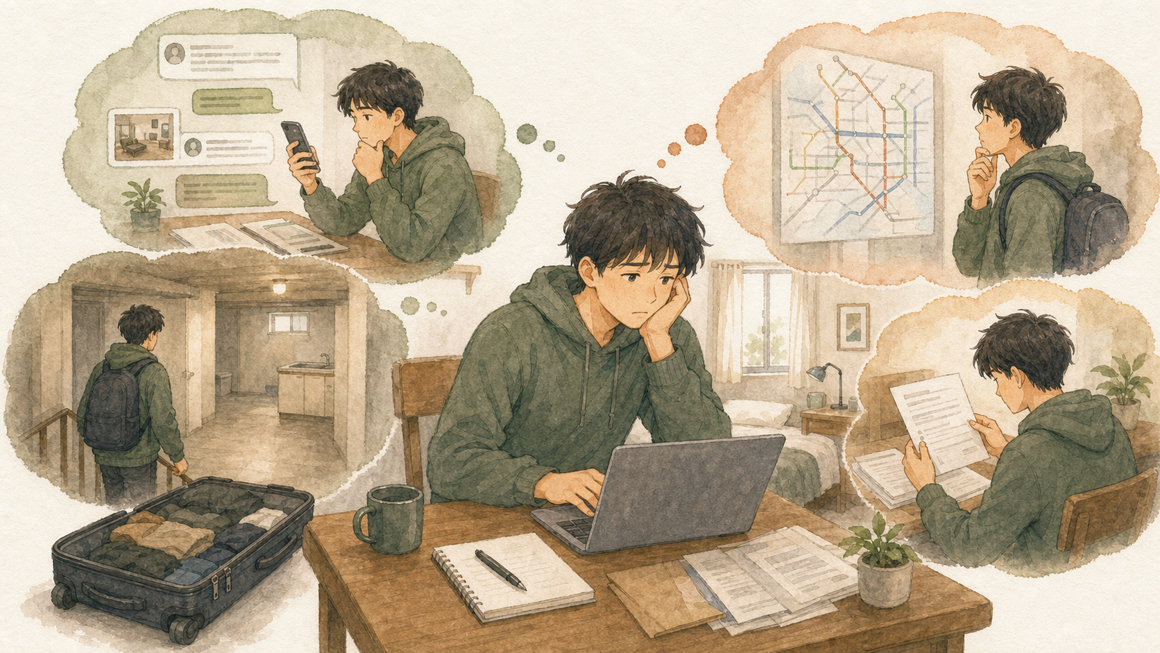 短期滞在先で日本人男性が貸主への連絡、内見、交通経路、契約条件を一人で調べているイラスト