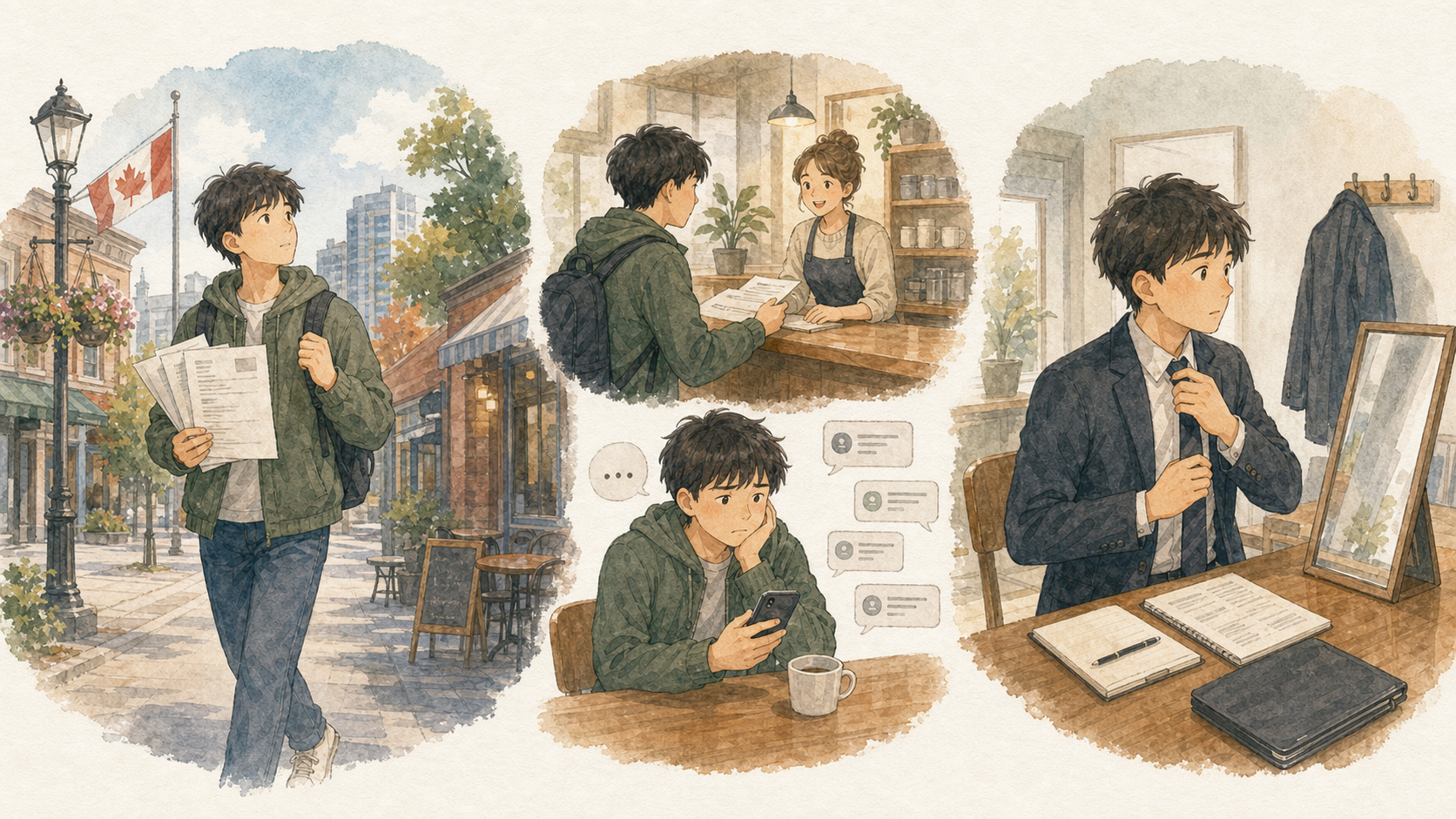 日本人男性がカナダの街で履歴書を配り、応募の返事を待ち、英語面接の準備をしているイラスト