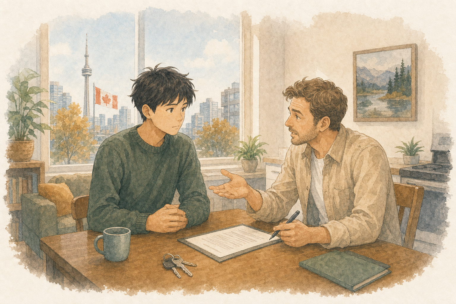 カナダの住居契約について大家の説明を理解しようと聞く日本人男性が、自然な相槌を返せず話を聞いているか確認されるイラスト