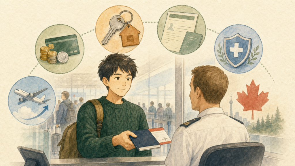 片道航空券でカナダへ渡航する若い男性が、入国審査で旅券とともに資金、滞在先、許可書、保険、出国準備を示しているイラスト