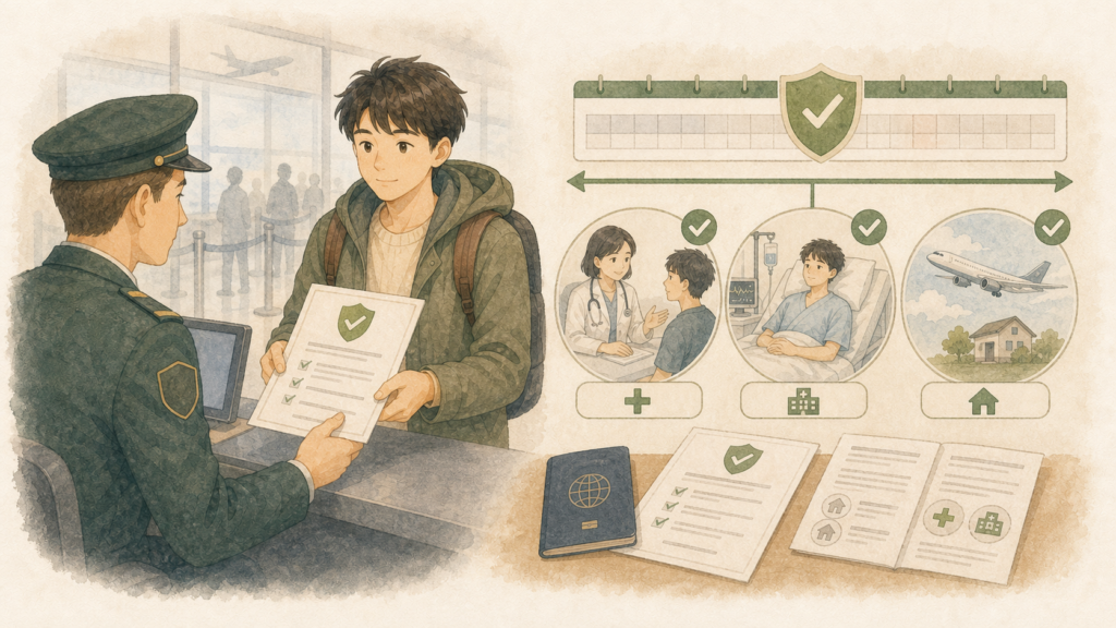 カナダへ入国する若い男性が、滞在全期間と医療、入院、本国送還を含む保険証明書を準備して確認しているイラスト