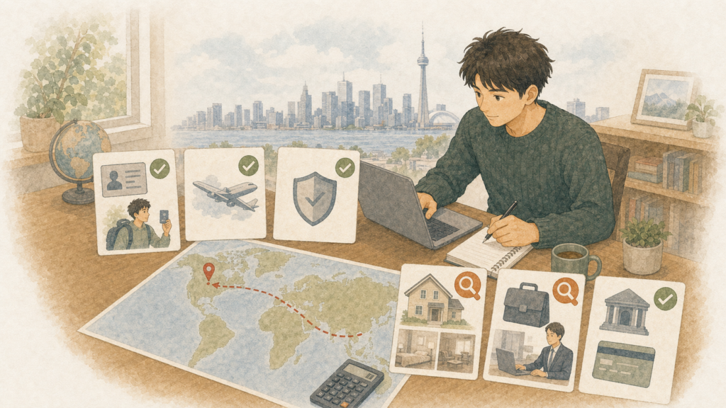 若い男性がカナダワーホリのビザ、航空券、保険、家探し、仕事探しなどを自分で調べて準備しているイラスト