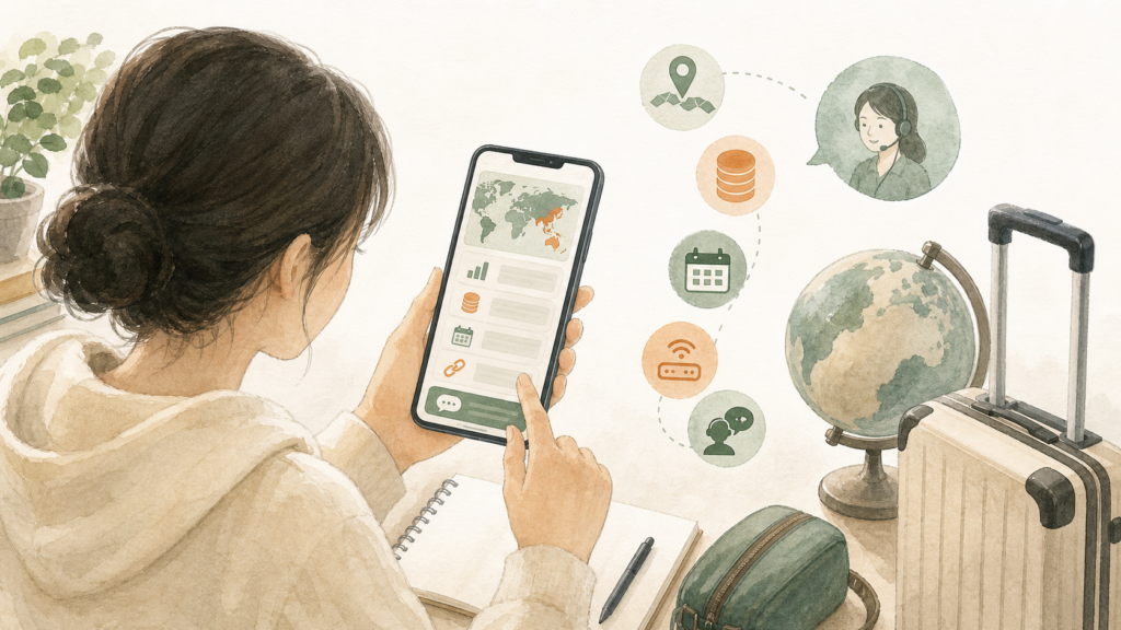 渡航先やデータ容量、利用期間、テザリング、日本語サポートをスマホで確認する留学生のイラスト