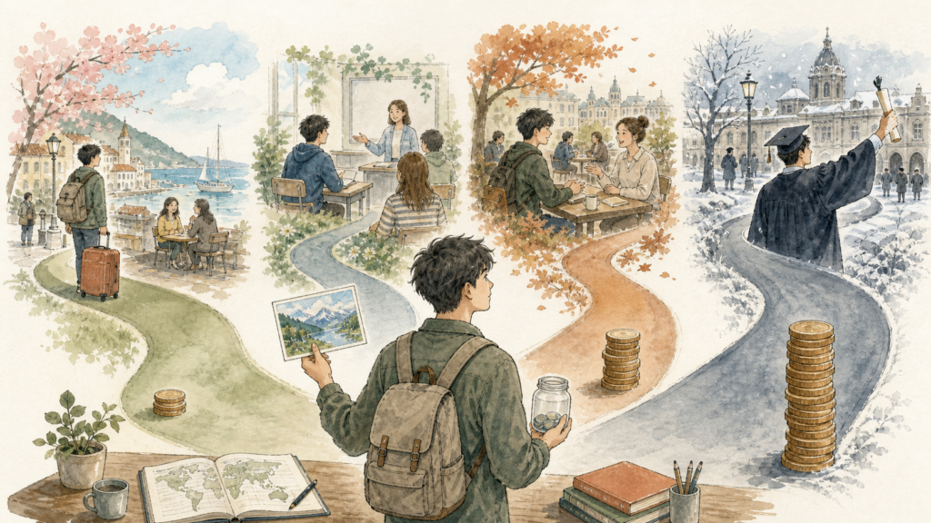 短期の海外体験から長期の卒業まで、費用と英語学習の変化が異なる4つの道から目的に合う期間を選ぶ留学生のイラスト