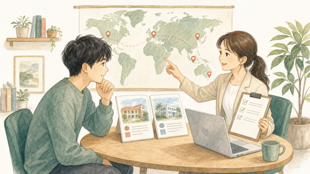 留学エージェントの担当者と地図や学校資料を見ながら、自分に合う語学学校を比較する男性のイラスト