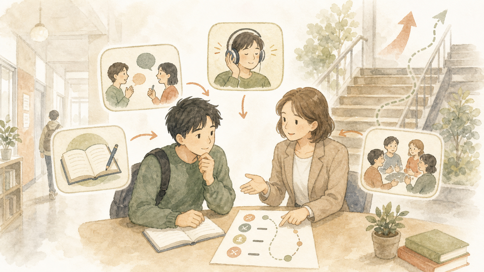 男子留学生が先生と相談しながら、上のクラスだけでなく会話や文法など自分に必要な授業を選んでいるイラスト