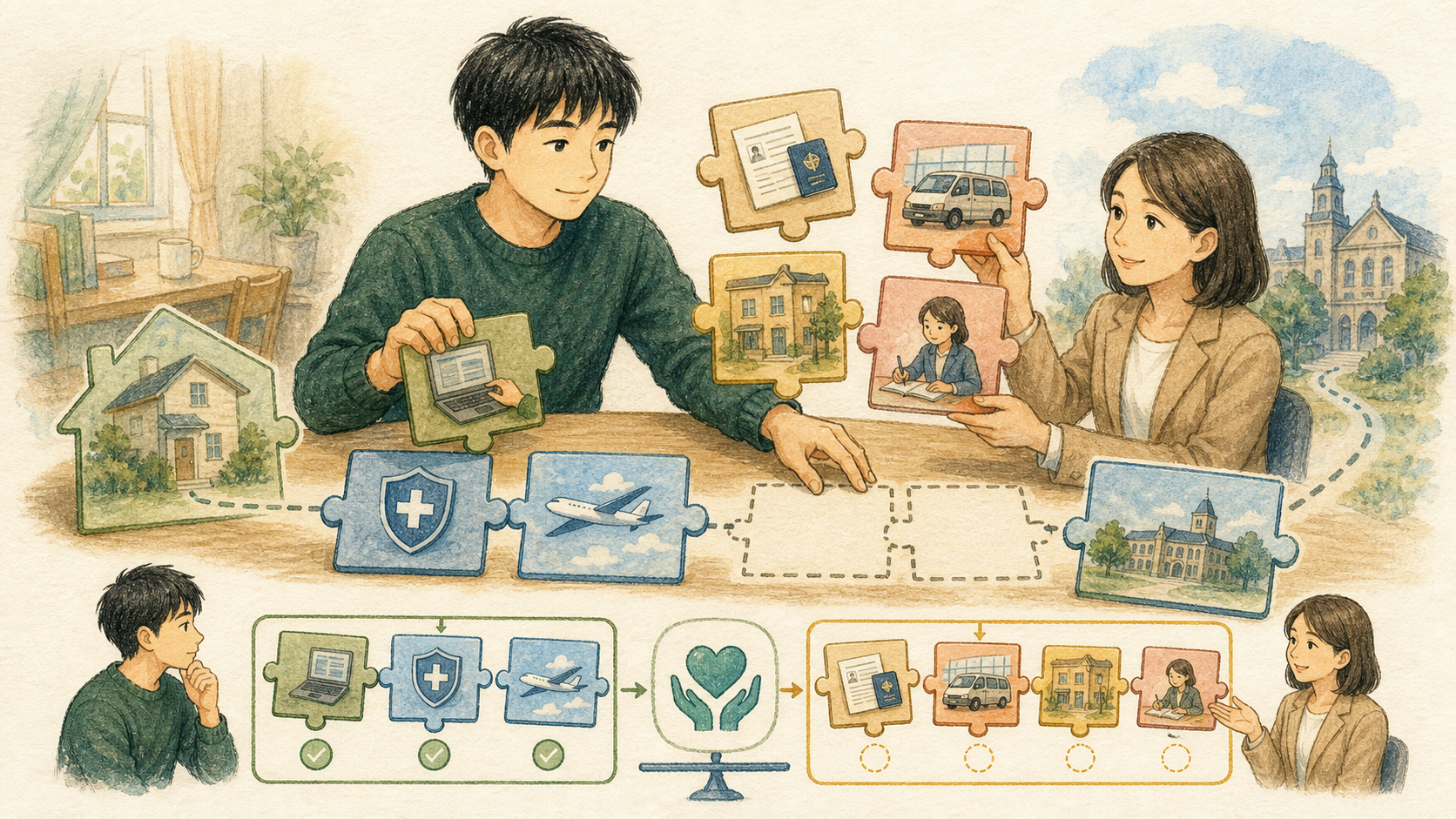 大学生がビザ、保険、航空券、空港送迎、学校申込み、滞在先を部品のように分け、自分で進める項目と担当者へ依頼する項目を選んでいるイラスト