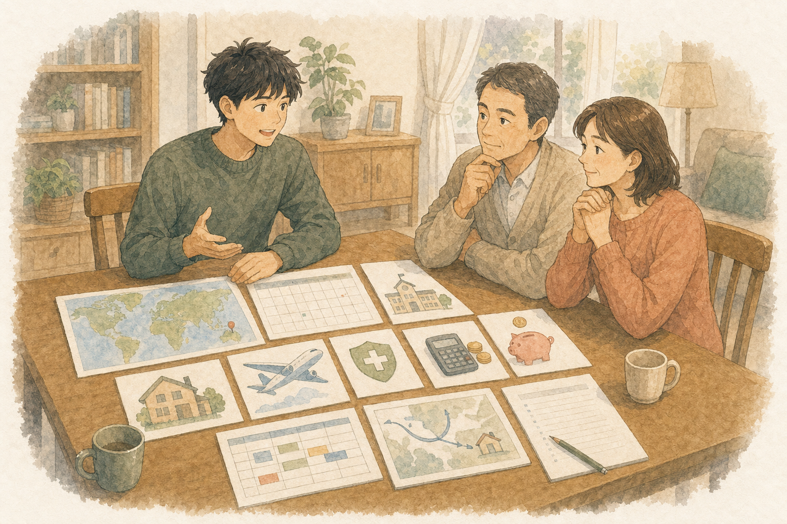 大学生が留学先、期間、学校、滞在、航空券、保険、生活費、貯金、大学の予定を整理し、両親と具体的に話し合うイラスト
