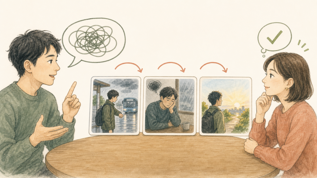 抽象的な気持ちが伝わらないとき、3つの具体的な場面を順番に示して説明する男性のイラスト