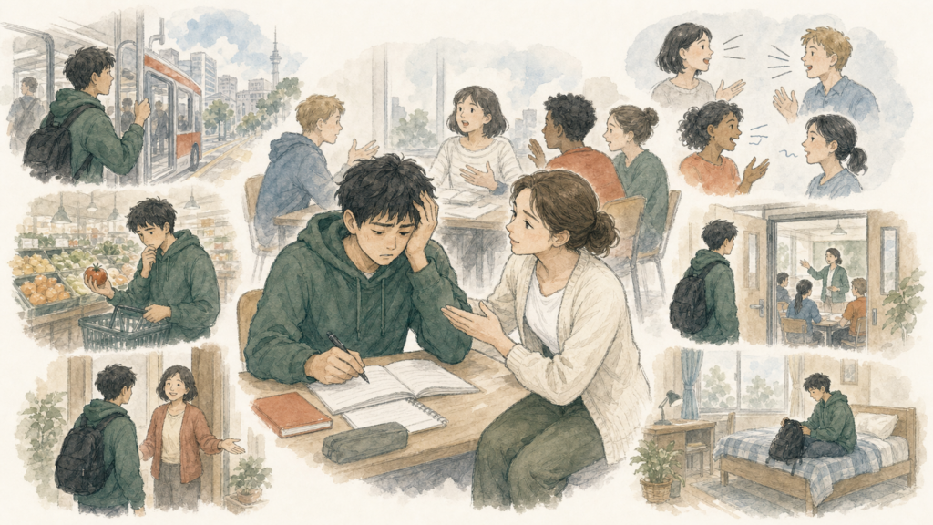 授業に戸惑う留学生を先生が支え、交通、買い物、住居、新しい話し方や授業形式への適応も負担になることを示すイラスト