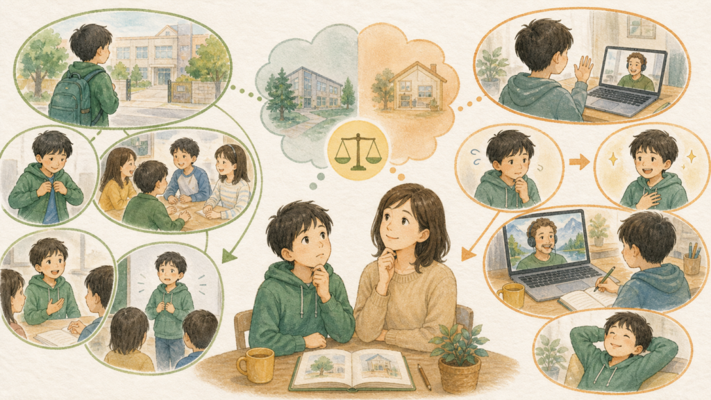 友達とゲームや会話をする通学型英語教室と、自宅で講師と一対一で自分のペースに合わせて話すオンライン英会話を比較したイラスト