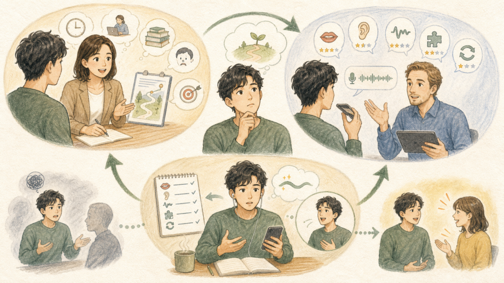 日本人コーチとの学習相談、ネイティブ講師の音声添削、復習と練習を組み合わせて次の会話へつなげる学習サイクルのイラスト