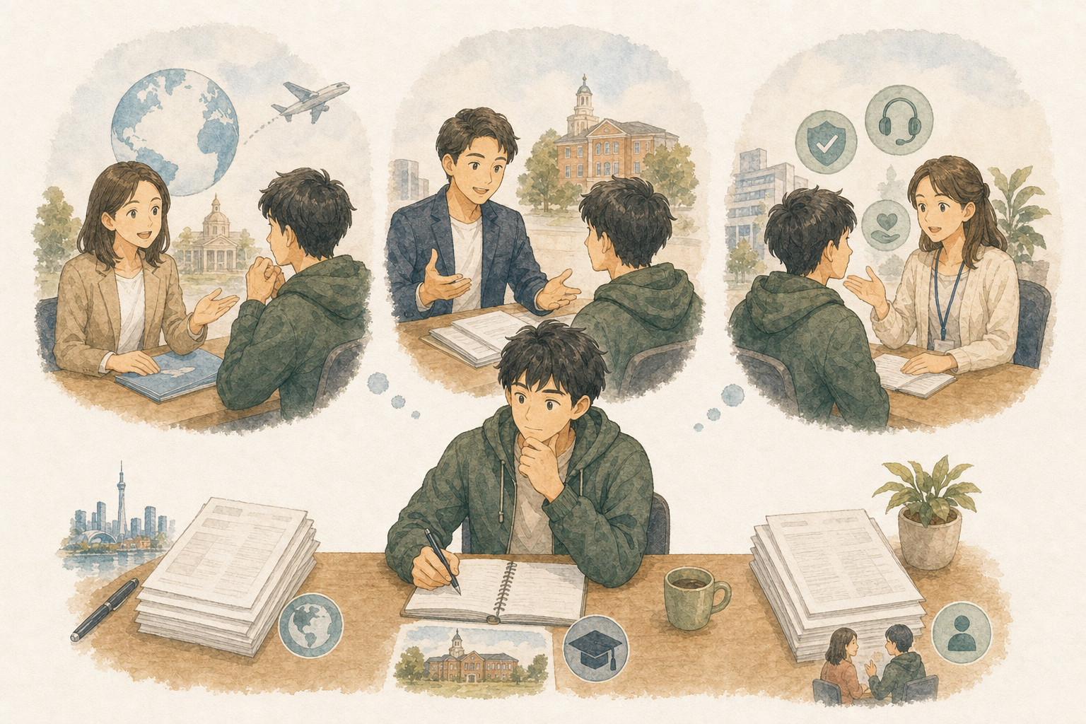 日本人男性が3社の留学カウンセラーへ相談し、見積もりや学校、サポート内容を比較しているイラスト