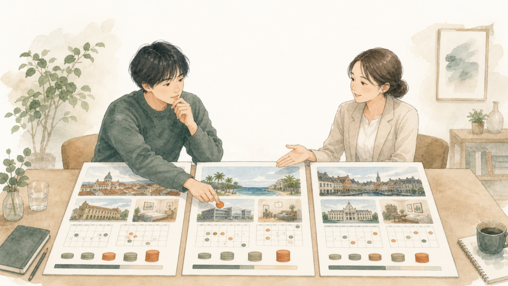 留学先や学校、滞在方法、期間、費用が異なる3つのプランを担当者と一緒に比較しているイラスト