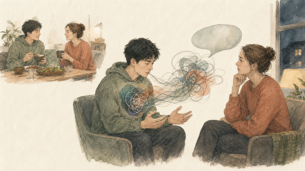 日常会話はできても、複雑な感情を英語へ置き換えられず、相手に聞いてもらいながら考える男性のイラスト