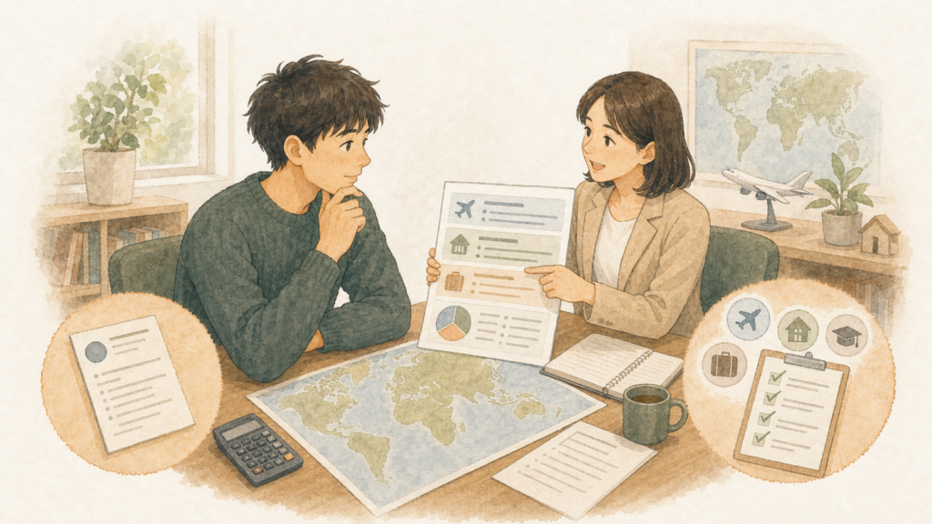若い男性が留学カウンセラーと地図や見積書を見ながら、留学費用の総額を確認しているイラスト