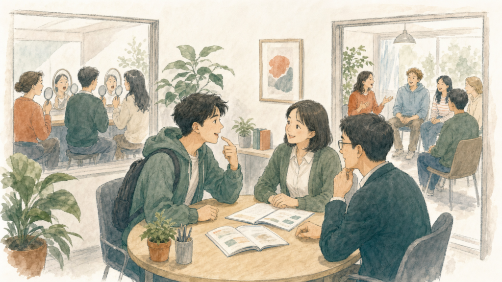 発音練習と会話練習の教室を見比べながら、希望する授業について先生とスタッフへ相談する留学生のイラスト