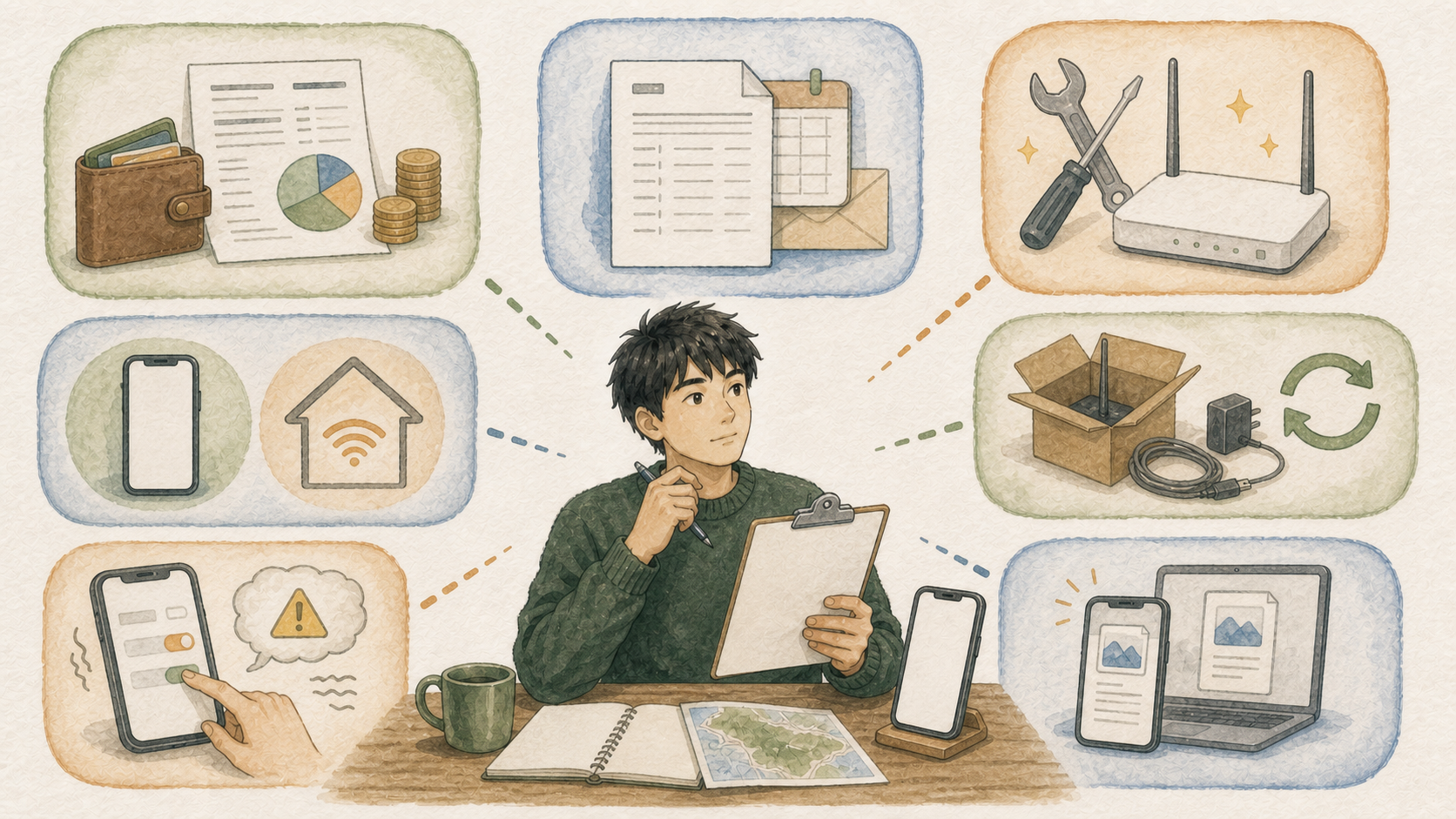 若い男性が毎月の総額、初回請求、初期費用、スマホとWi-Fiの個別料金、機器返却、プラン変更、契約書保存を確認しているイラスト