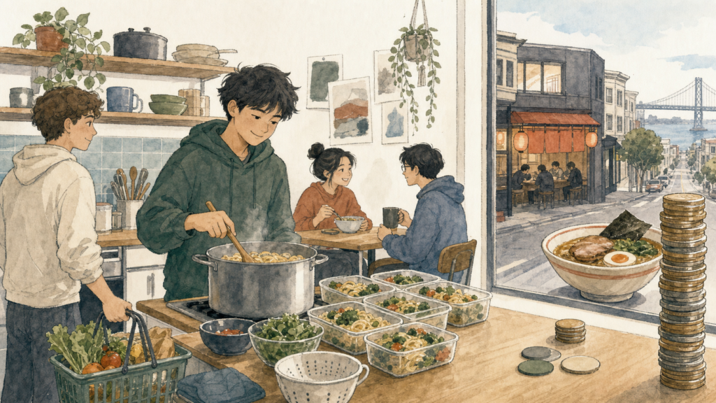 学生寮のキッチンで食材をまとめて調理し、高い外食を控えながら食費を抑える留学生のイラスト