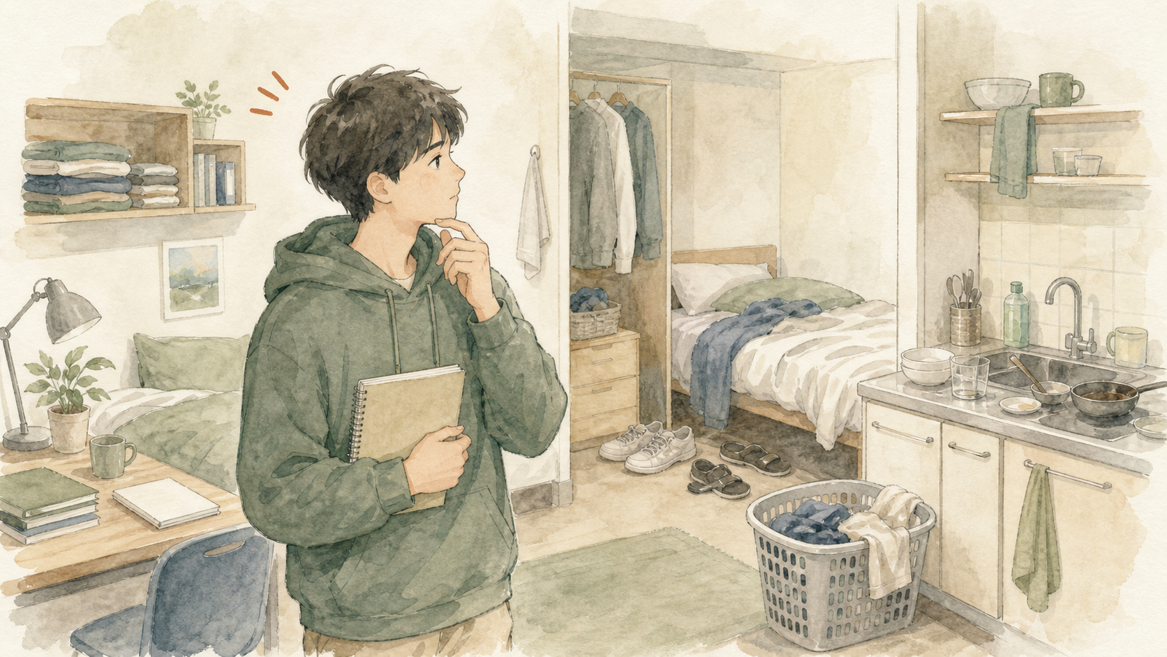 共有部屋で片付いた場所と散らかった場所を見ながら、男子留学生が生活習慣の違いを感じているイラスト