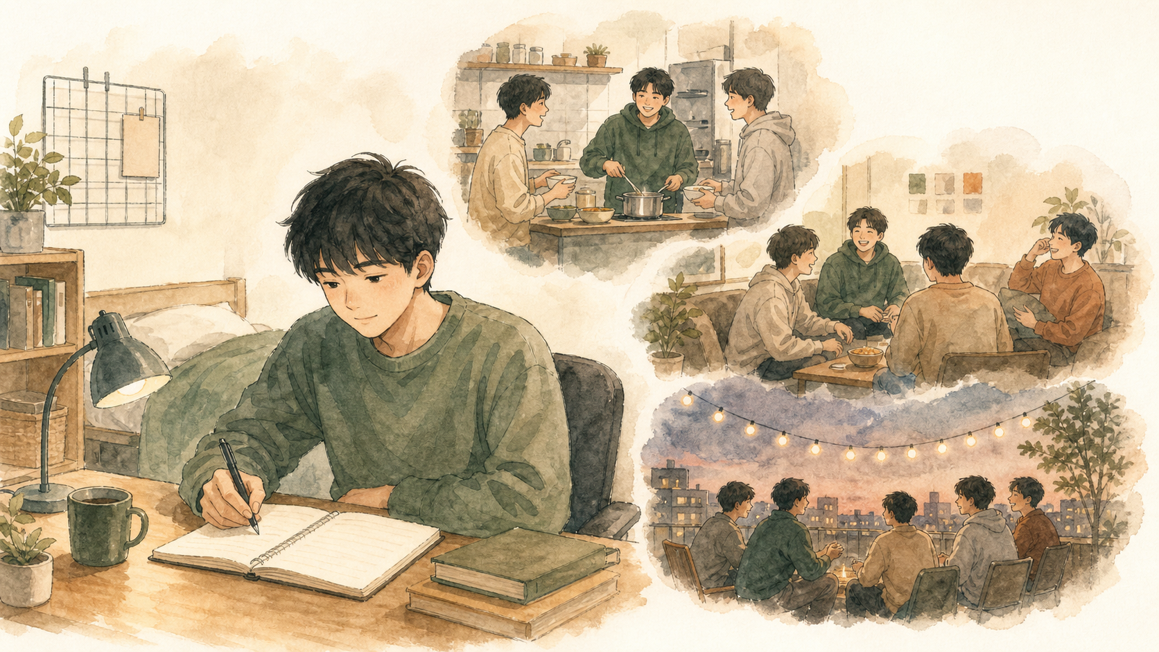 一人部屋でノートを書く男子留学生の周りに、寮の友達や共用キッチンの思い出が浮かぶイラスト